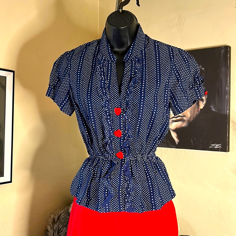 Rockabilly top with heart buttons. Blue/white size medium with stretch.